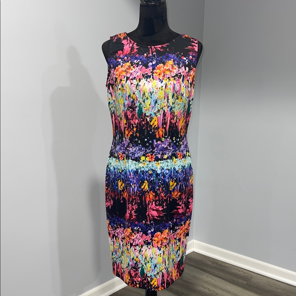 Joseph Ribkoff Colorful Abstract Midi Pencil Dress size 12 colorful sleeveless
